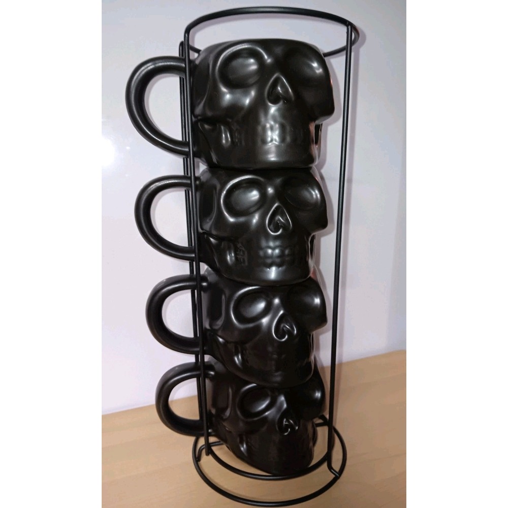 NEW Halloween Black SkullCeramic Stacking Mug Set of 4 w/Metal Rack~NEW IN BOX